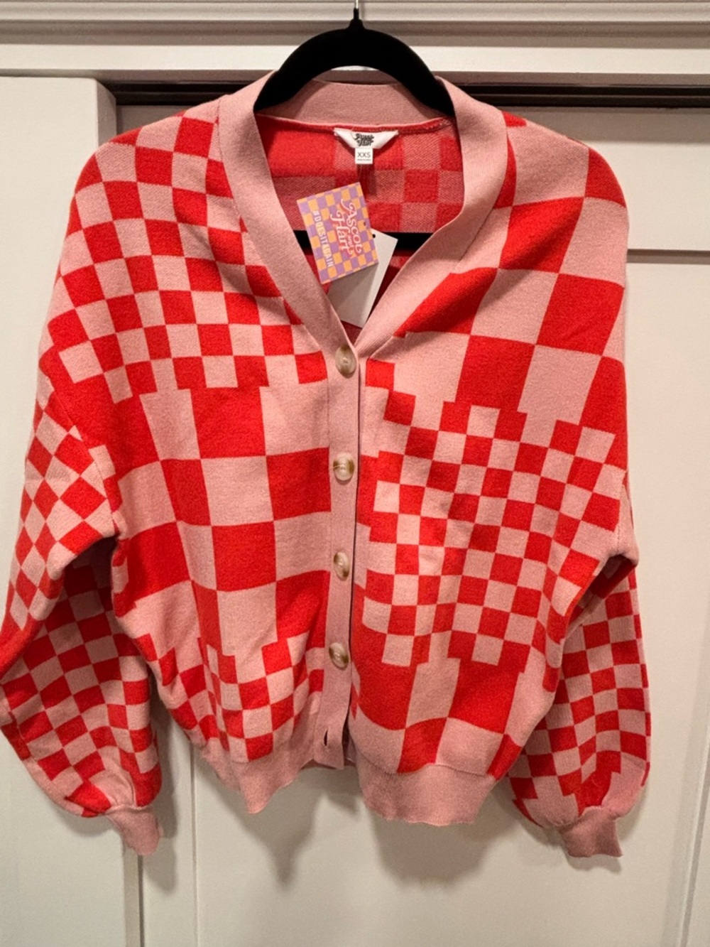 NWT XXS Checkerboard Knit Cardigan in Pink and Red